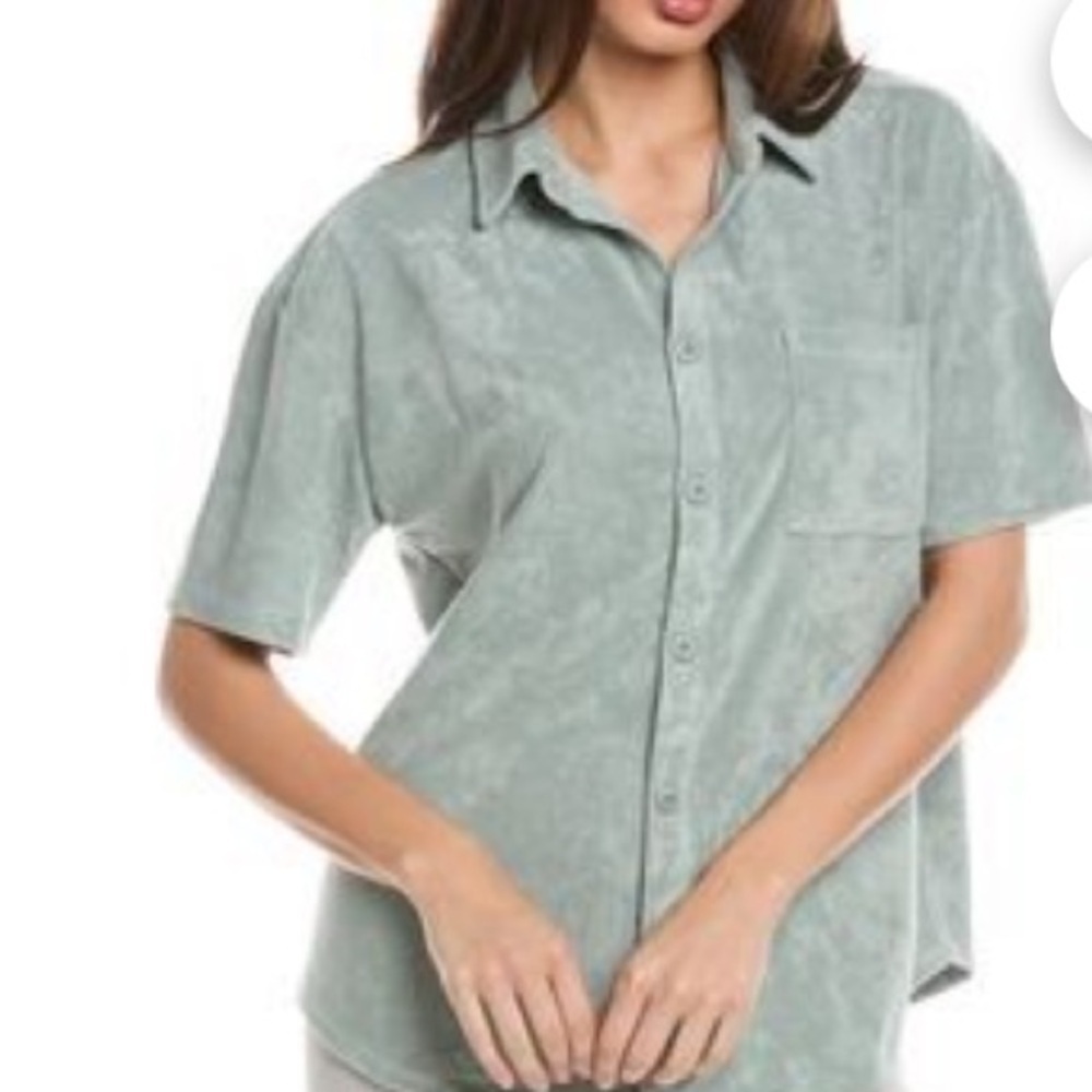 Barefoot Dreams Women's Cozyterry Button-Down Shirt Beach Glass Blue Size XS